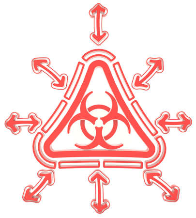 Red triangle biohazard radiation symbol in isolated background, create by 3Dの写真素材