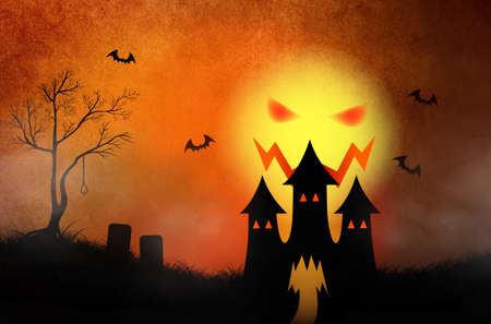 Halloween background with haunting castle and silhouette in red burning skyの写真素材