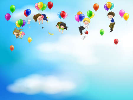 Cute cartoon people and children floating in the sky with balloons backgroundのイラスト素材
