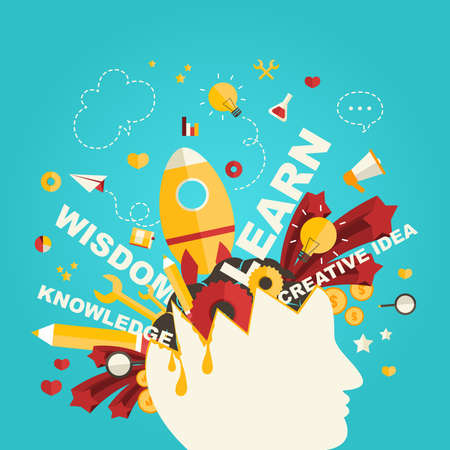 Knowledge and creativity icons flow from a man head in infographic design, create by vectorのイラスト素材