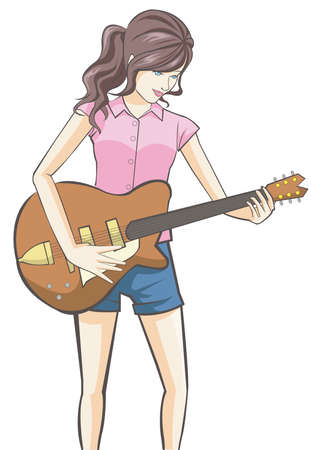 Cartoon girl playing guitar in white isolated backgroundのイラスト素材