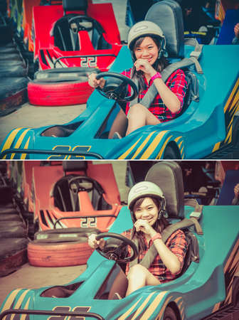 Cute Thai girl is driving Go-kart with speed from the starting point in vintage and childhood color setの写真素材