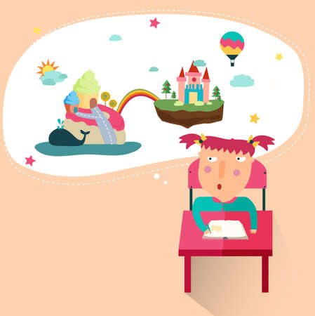 A girl is drawing a fantasy picture from her great imagination in her mind, create by vectorのイラスト素材