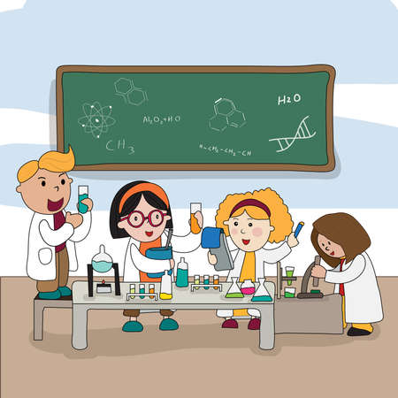 Cartoon children are studying and working in the laboratory create by vectorのイラスト素材