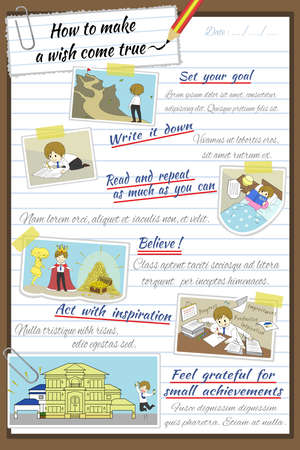 How to make a wish come true infographic template design in notebook paper background with sample text layout create by vectorのイラスト素材