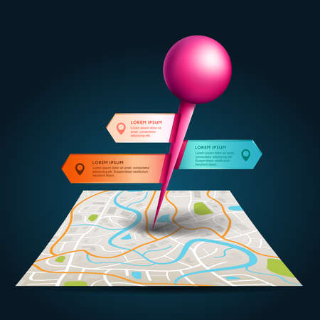 A city map with digital satellite gps pin point with colorful badge and label tags with sample text in isolated backgroundのイラスト素材