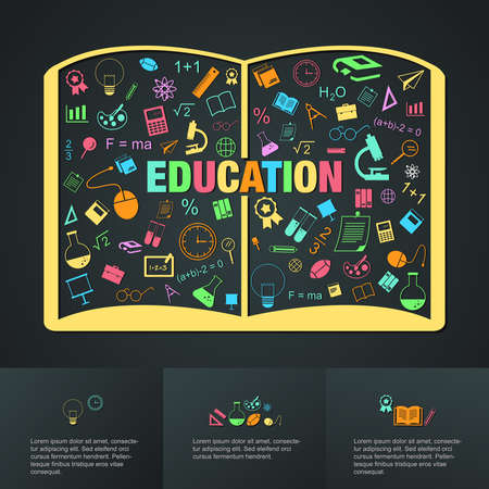 Flat linear infographic of education academic text book from many subject such as maths science art chemistry sport and computer icon template layout design create by vectorのイラスト素材