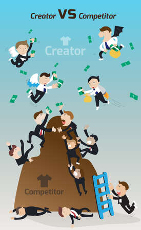 Creator versus Competitor. Cartoon competitors and struggling and fighting to gain competitive advantage in narrow market while innovative creators are free to unlimit resource money and wealth more easy to be successful and be a market leader create by vのイラスト素材