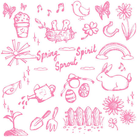 Spring holiday season doodle animal, plant and flower, leisure activities and tools, and Easter festival icon collection set, create by vectorのイラスト素材
