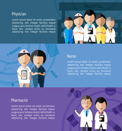 Physicians such as doctor, nurse, and pharmacist and health care profession infographic banner template layout background designed for website, create by vectorのイラスト素材