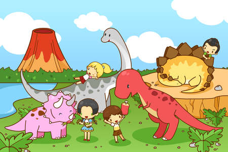 Cartoon dinosaur world of imagination with kids and children playing and feeding Tyrannosaurのイラスト素材