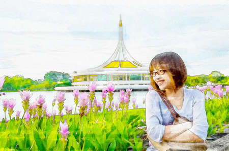 Watercolor illustration of cute Asian Thai girl is relaxing beside the river bank nature landscape with pink tulip flower fieldの写真素材