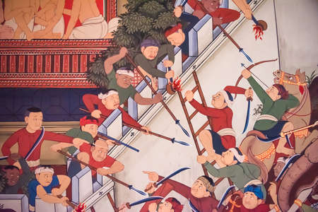 BANGKOK, THAILAND - JUNE 8: Part of ancient historical mural painting of an epic war between Burmese Myanmar and Siam Ayothaya kingdom on the fortress wall in Wat Prayoon temple on June 8, 2015.のeditorial素材