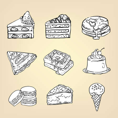 Doodle pencil drawing of cake cheesecake waffle pudding macaron ice cream crepe pancake pie and other international sweet dessert icon collection set, create by vectorのイラスト素材