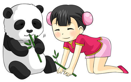 Cute cartoon Chinese girl in cheongsam fashion dress is playing and feeding her baby pet Panda bear with bamboo leavesのイラスト素材