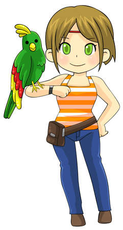 Cute animal trainer girl is making a tame parrot pet bird stand on her armのイラスト素材