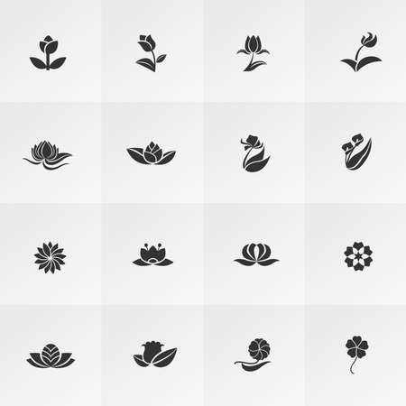 Silhouette fantasy logo shape flower such as lotus rose tulip sunflower daisy clover leaf and other icon collection setのイラスト素材