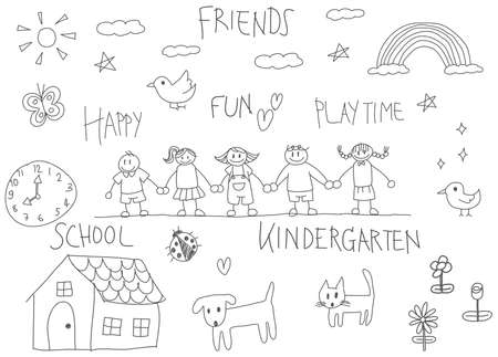 Kindergarten children pencil doodle drawing of a friend and kid imagination playing environment such as animal cat dog pet house flower rainbow and star in happy cartoon character style in white isolated background with handwriting text, created by vectorのイラスト素材