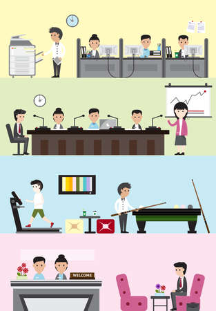 Flat business company building interior and layout for each department design such as office employee working section, meeting and presentation room, leisure and recreation relaxing for staff welfare, and reception entrance for visitor banner background, のイラスト素材