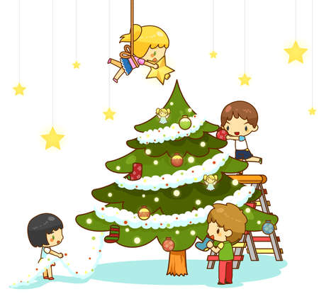 Kids children with boy and girl friends are decorating giant christmas tree with ornaments toy rainbow balls and decoration star hanging from the ceiling to celebrate Christmas party in white isolated background, create by cartoon vectorのイラスト素材