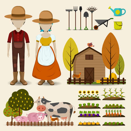 Farming agriculture and cattle icon collection set consists of male female farmer uniform clothing, retro wooden barn, cow pig and chicken animal livestock, and growing flower fruit and vegetable garden in cartoon vector designのイラスト素材