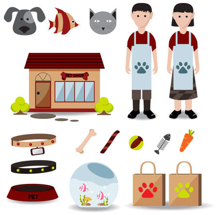 Cute creative pet shop object icon such as store exterior design, male and female employee uniform clothes, packaging bag, cat dog fish food and container, create by cartoon vectorのイラスト素材