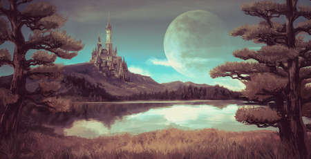 Watercolor fantasy illustration of a natural riverside lake forest landscape with ancient medieval castle on the rocky hill mountain background and blue sky with giant moon scene with fairy tale myth concept in retro color.の写真素材