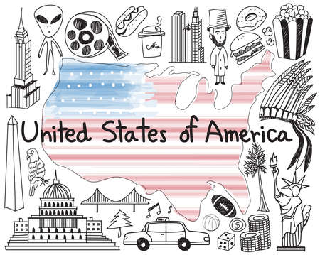 Travel to United state of America doodle drawing icon with culture, costume, landmark and cuisine tourism concept in isolated background, create by vectorのイラスト素材