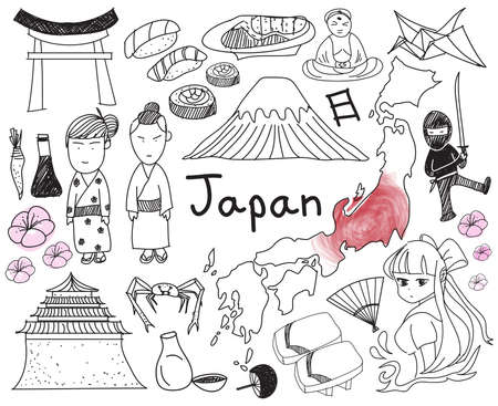 Travel to Japan doodle drawing icon with culture, costume, landmark and cuisine tourism concept in isolated background, create by vectorのイラスト素材