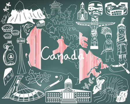 Travel to Canada doodle drawing icon with culture, costume, landmark and cuisine tourism concept in blackboard background, create by vectorのイラスト素材