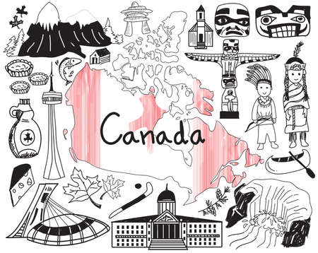 Travel to Canada doodle drawing icon with culture, costume, landmark and cuisine tourism concept in isolated background, create by vectorのイラスト素材