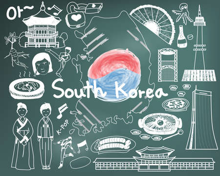 Travel to South Korean doodle drawing icon with culture, costume, landmark and cuisine tourism concept in blackboard background. The Korean text in the picture means "Ohh" or "Ahh".のイラスト素材