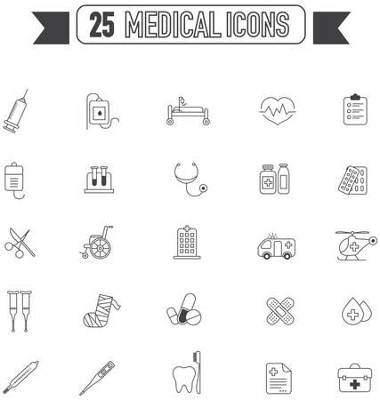 Flat line silhouette medical, physicians, and hospital tool equipment sign and symbol icon collection set, create by vectorのイラスト素材