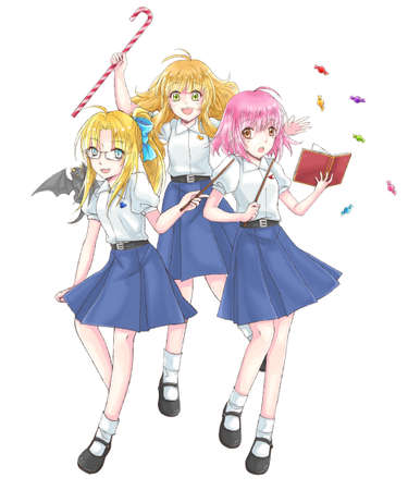 Cartoon illustration group of cute modern schoolgirl fantasy witch students in Thai high school uniform with wand in magical schoolgirl concept in isolated background in Japanese manga styleの写真素材