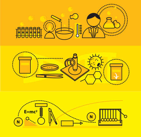 Modern science education and school subject such as physics, chemistry, and biology flat line design banners badge brochure flyer and background template for website and mobile website application set, create by vectorのイラスト素材
