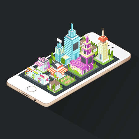 Building, house, commercial build and cityscape architecture on a smart phone mobile screen with network technology application concept in 3D isometric design, create by vectorのイラスト素材