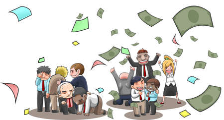 Cartoon illustration of successful and fail businesspeople, broker, and investor in stock market with money flying with wealth and lost from investment. Financial stock business success and fail diversity concept in isolated background, create by vectorのイラスト素材