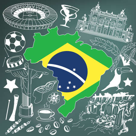 Travel to Brazil doodle drawing icon. Doodle with culture, costume, landmark and cuisine of Brazil tourism conceptin in blackboard background, create by vectorのイラスト素材