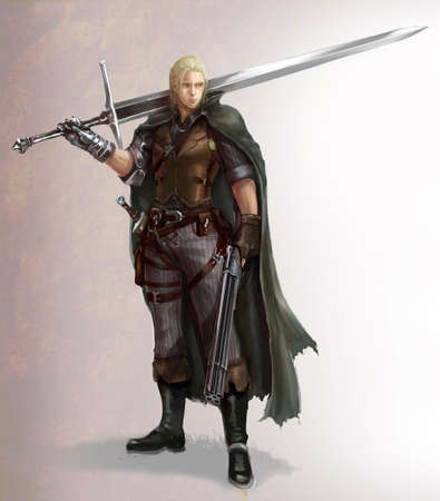 Character cartoon illustration of a male fantasy warrior with sword and shotgun. Character design with hunter and warrior in fantasy fiction concept.の写真素材