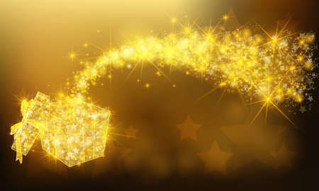 Golden sparkle jewelry gift present box with glittering magical dust and stars pattern in advertisement promotion or seasonal holiday celebration isolated colorful banner backgroundのイラスト素材