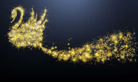 Golden sparkle jewelry swan bird floating with glittering stars pattern in advertisement promotion or seasonal holiday celebration isolated black backgroundのイラスト素材