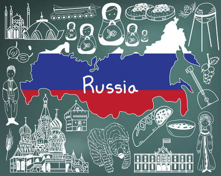 Travel to Russia doodle drawing icon with culture, costume, landmark and cuisine tourism concept in blackboard backgroundのイラスト素材