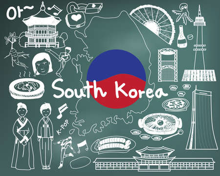 Travel to South Korean doodle drawing icon with culture, costume, landmark and cuisine tourism concept in blackboard backgroundのイラスト素材