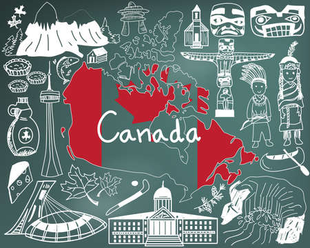 Travel to Canada doodle drawing icon with culture, costume, landmark and cuisine tourism concept in blackboard backgroundのイラスト素材