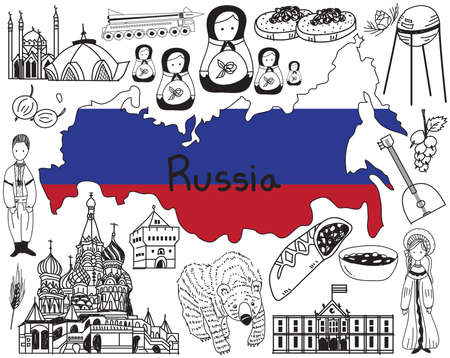 Travel to Russia doodle drawing icon with culture, costume, landmark and cuisine tourism concept in isolated backgroundのイラスト素材