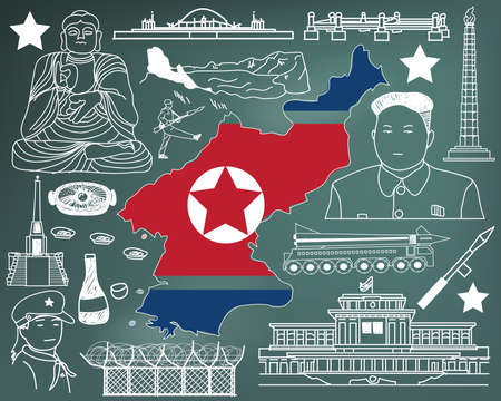 Travel to North Korea (if you can) doodle drawing icon with culture, costume, landmark and cuisine tourism concept in blackboard backgroundのイラスト素材