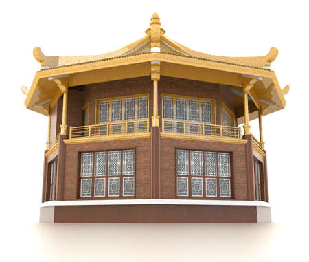 3D golden Chinese pavilion temple building in white backgroundの写真素材