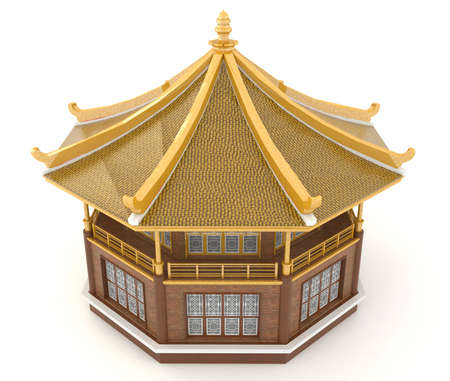 Upper view of 3D golden Chinese pavilion temple building in white backgroundの写真素材