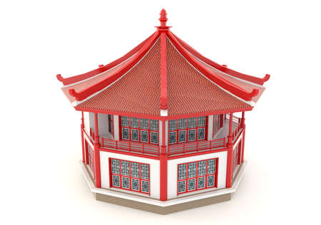 Upper view of 3D red Chinese pavilion temple building in white backgroundの写真素材