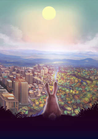 Cartoon illustration of cute white rabbit bunny standing on the hill watching urban cityscape and forest landscape below with afternoon sun in the skyの写真素材